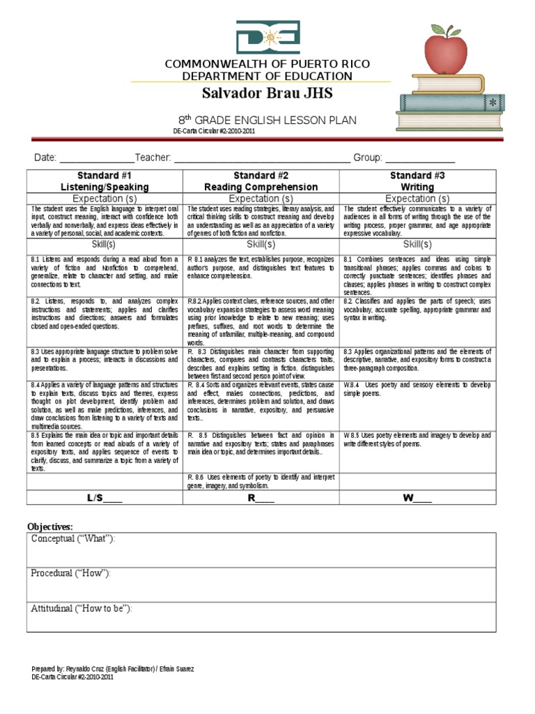 8th Grade English Lesson Plan | PDF | Reading Comprehension | Cognitive ...