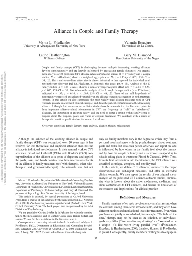 Alliance in Couple and Family Therapy | PDF | Family Therapy ...