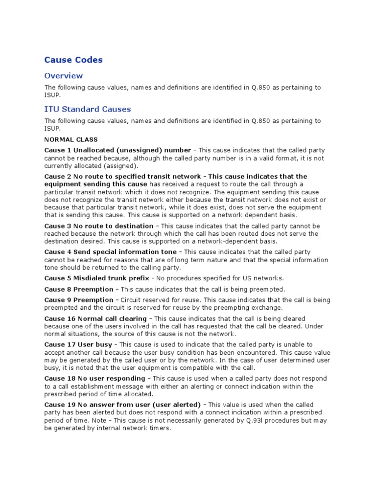 ISUP Cause Codes Overview | PDF | Parameter (Computer Programming ...