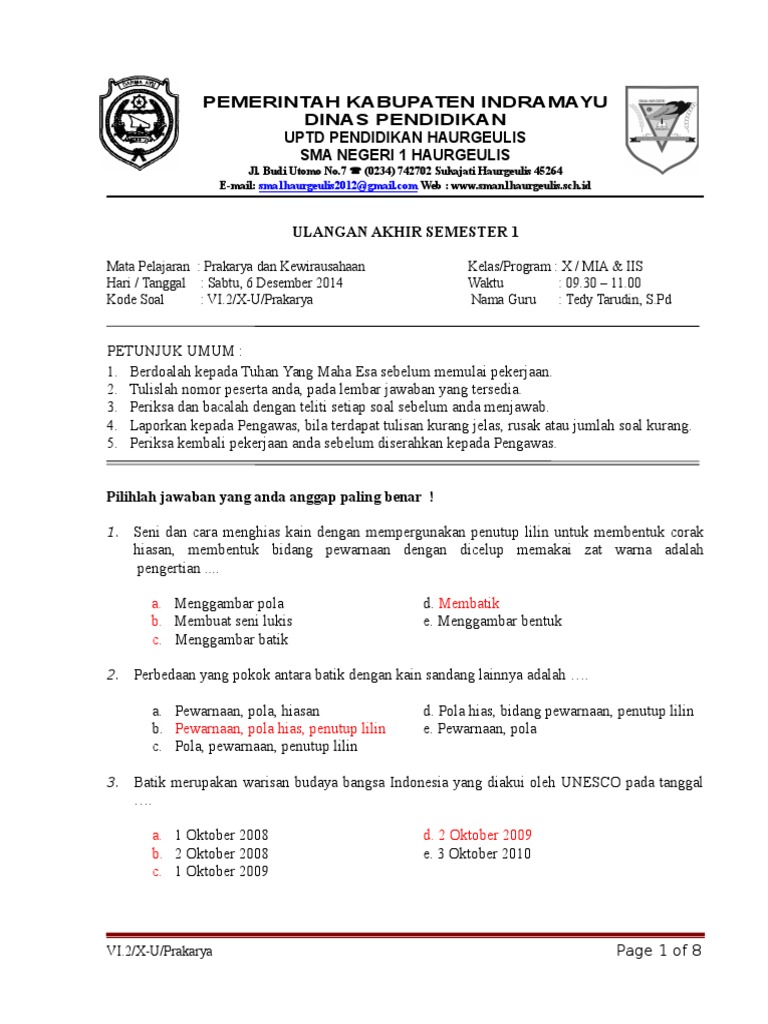 Soal Uas Prakarya Kelas X
