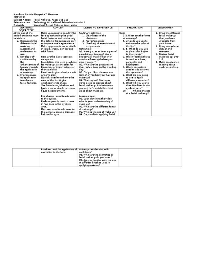 Lesson Plan Facial Makeup Eyebrow Cosmetics