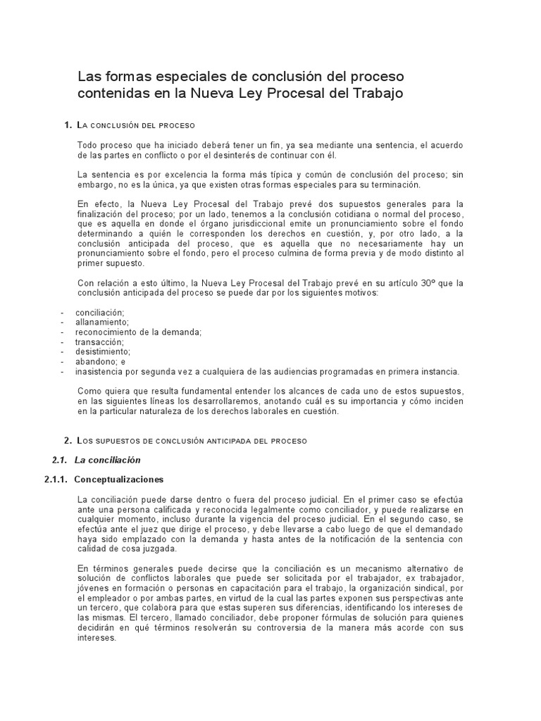 Las Formas Especiales de Conclusión Del Proceso Contenidas en La Nueva ...