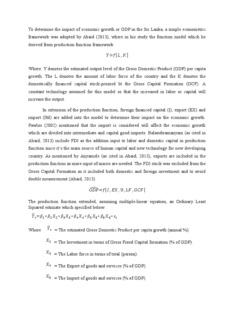 Regression Analysis On The Gdp Of Sri Lanka Production Function Economic Growth