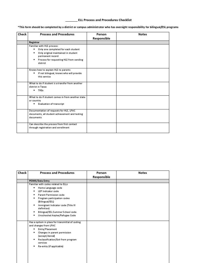 Audit Tool Ell Procedures and Processes Checklist | PDF | English As A ...