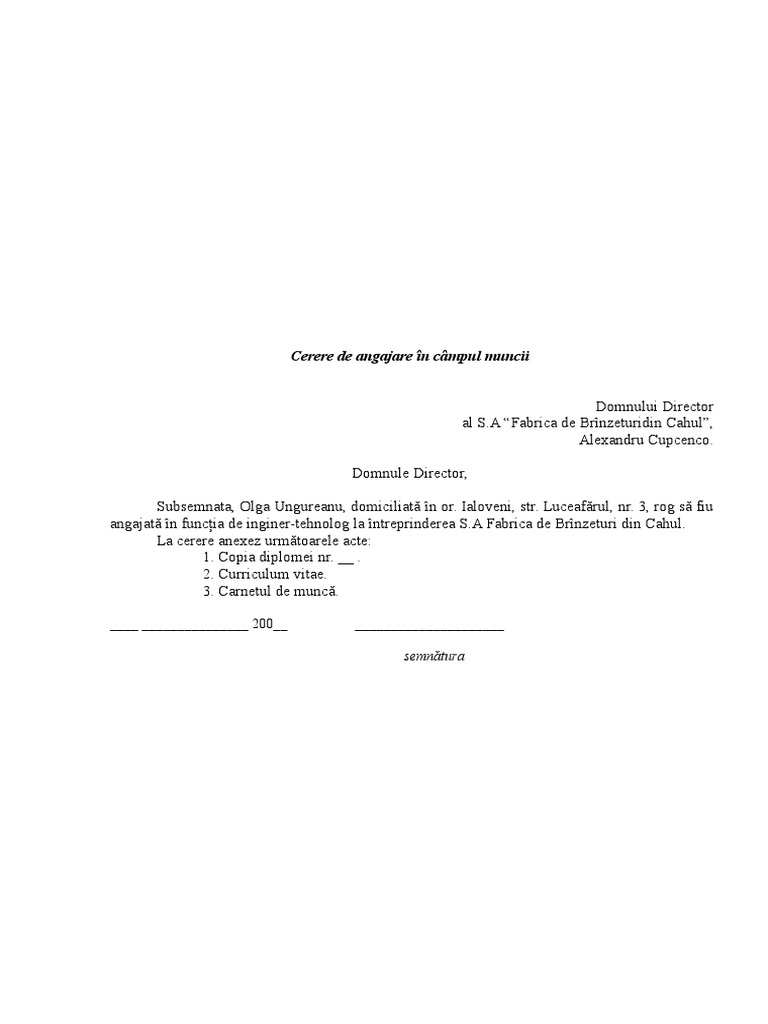 Cerere de Angajare in Cimpul Muncii
