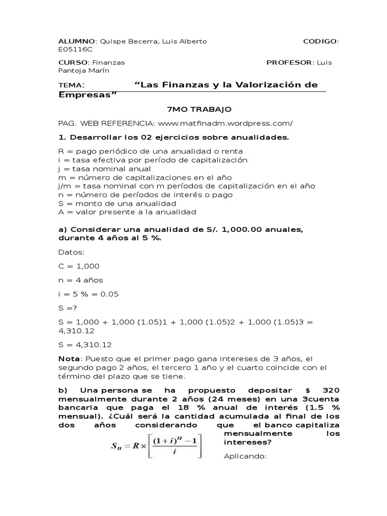Ejercicios de Anualidades en Finanzas | PDF | Finanzas y dinero