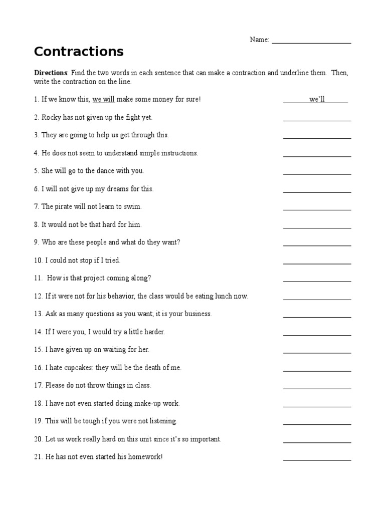 Contractions Worksheet