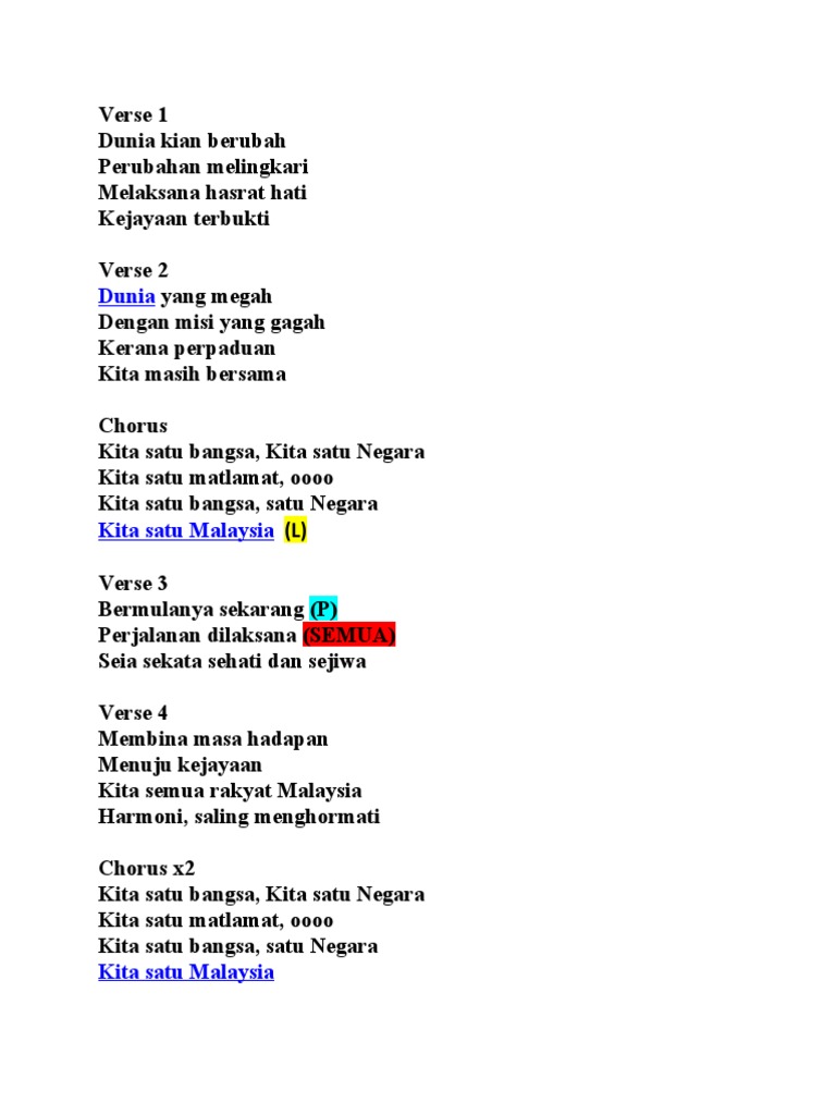 Lirik Lagu 1 Malaysia