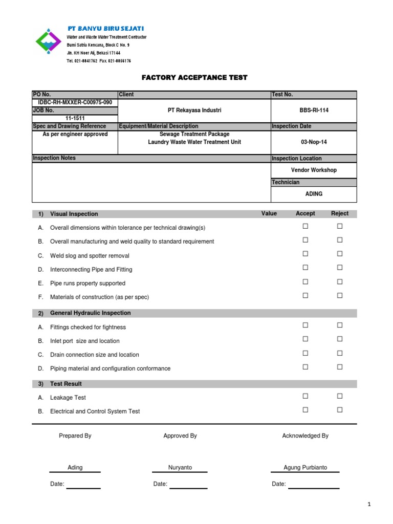 Factory Acceptance Test PDF Pipe Fluid Conveyance Mechanical