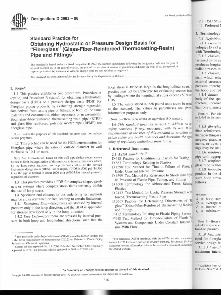 ASTM D299206 Standard Practice For Obtaining Hydrostatic Pressure Design Basis For Fiberglass