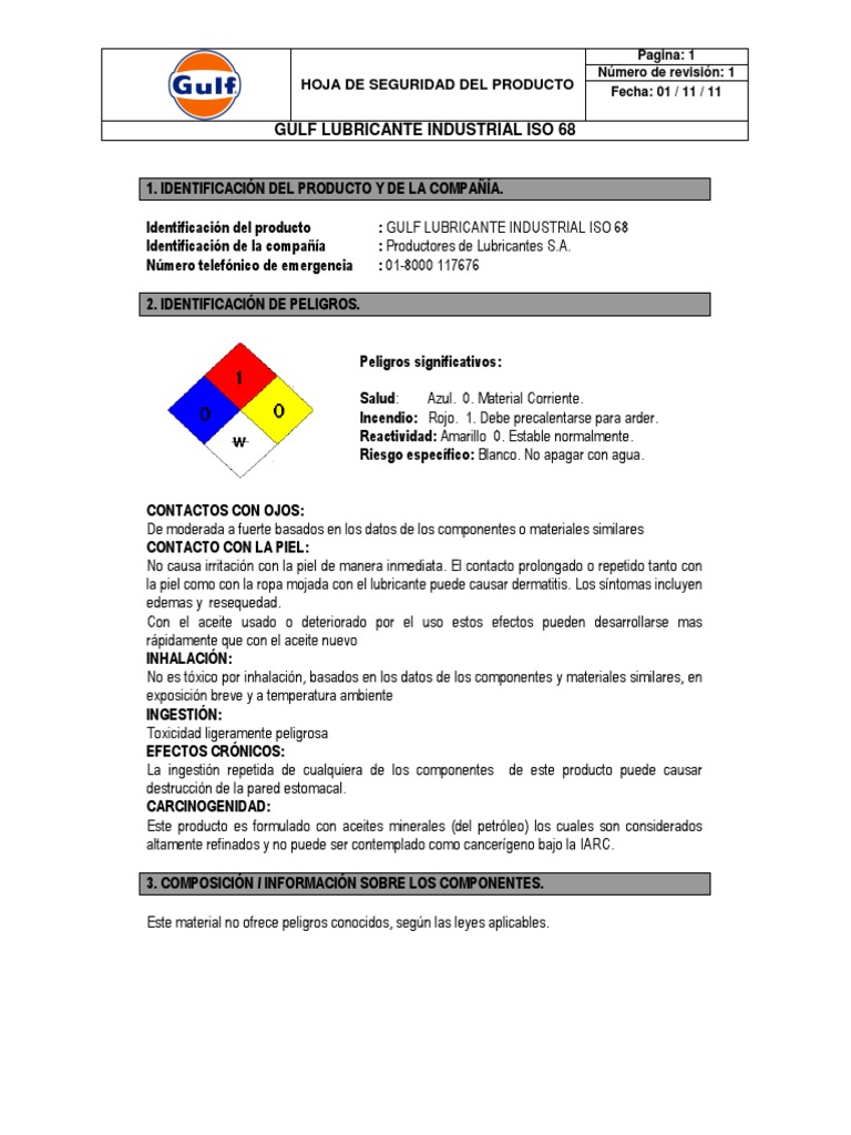 Hoja de Seguridad Gulf Lubricante Industrial Iso 68 Toxicidad