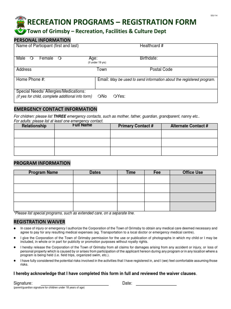 Grimsby Recreation Program Registration Form | PDF | Social Science