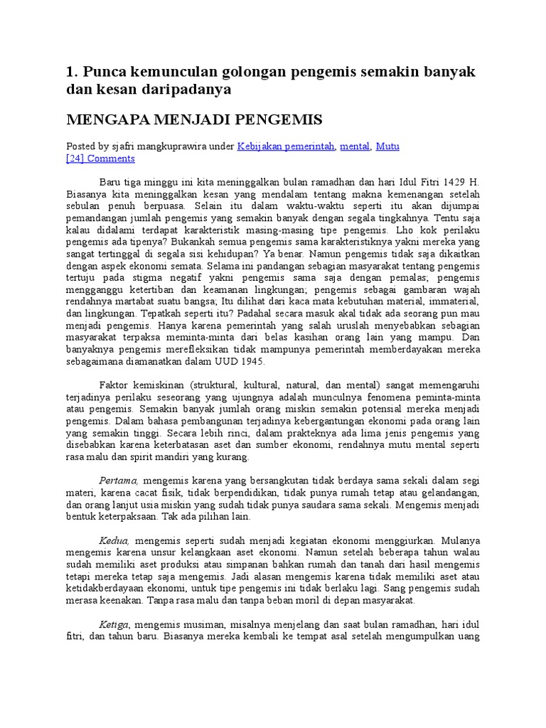 Punca Kemunculan Golongan Pengemis Semakin Banyak Dan Kesan Daripadanya Pdf