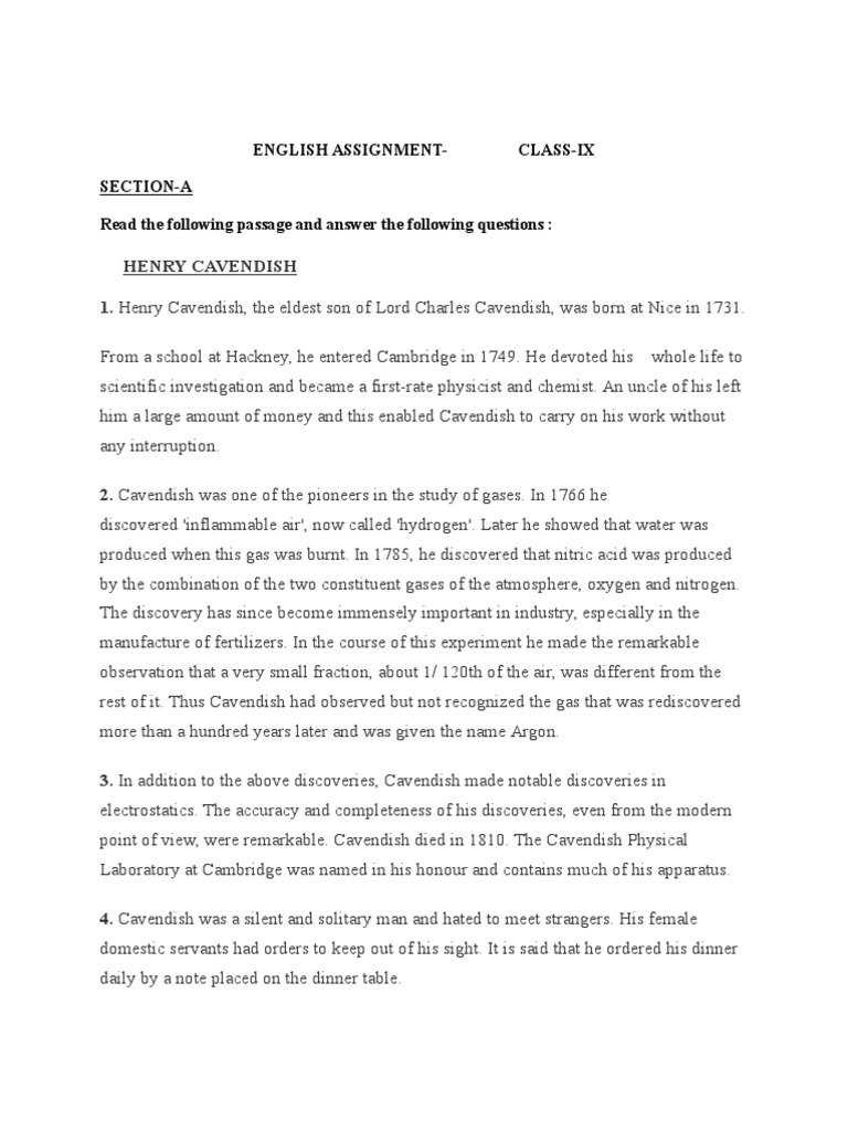 Class 9 English Assignment on Cavendish | PDF | Chemical Substances | Gases