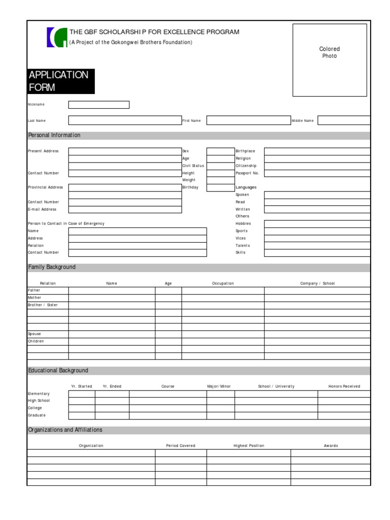 Application Form: The GBF Scholarship For Excellence Program | PDF