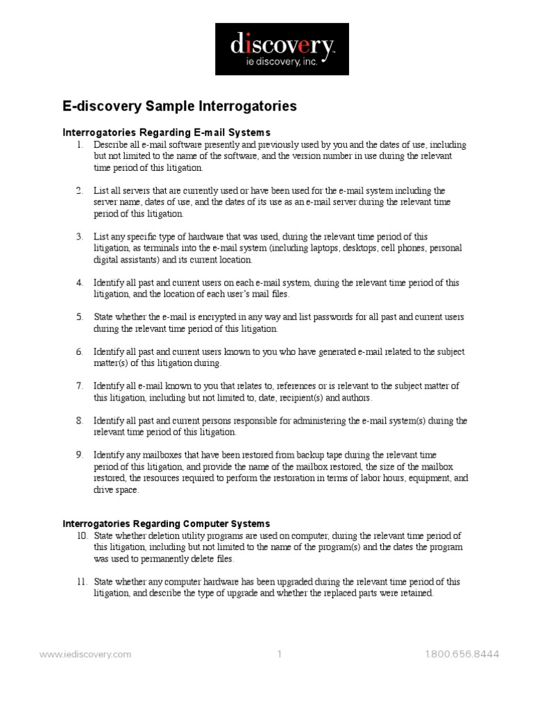 E-Discovery Sample Interrogatories | PDF | Backup | Discovery (Law)