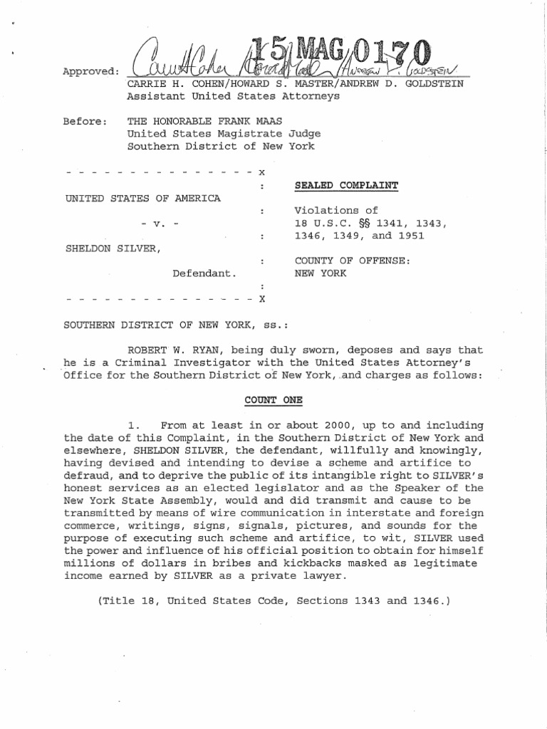 US v. Sheldon Silver Complaint PDF | PDF