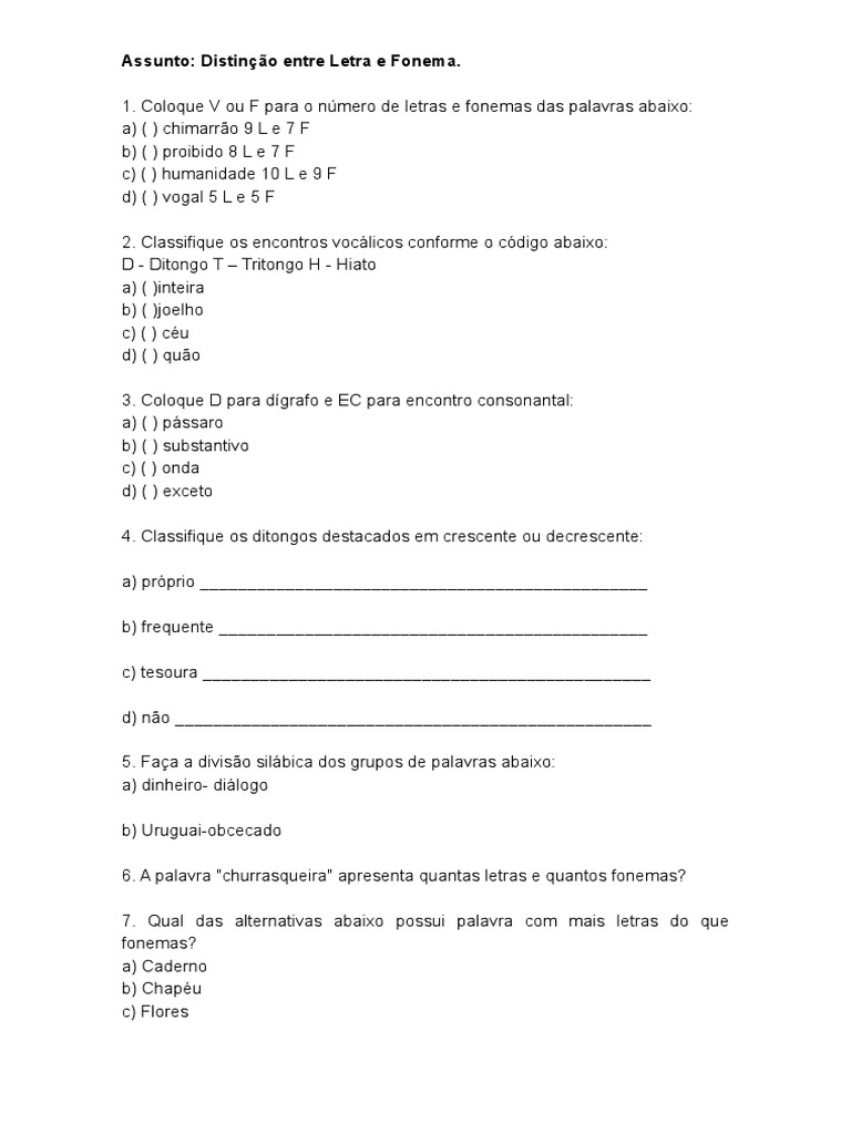 Atividades sobre Letras e Fonemas | PDF | Fonema | Fidel Castro