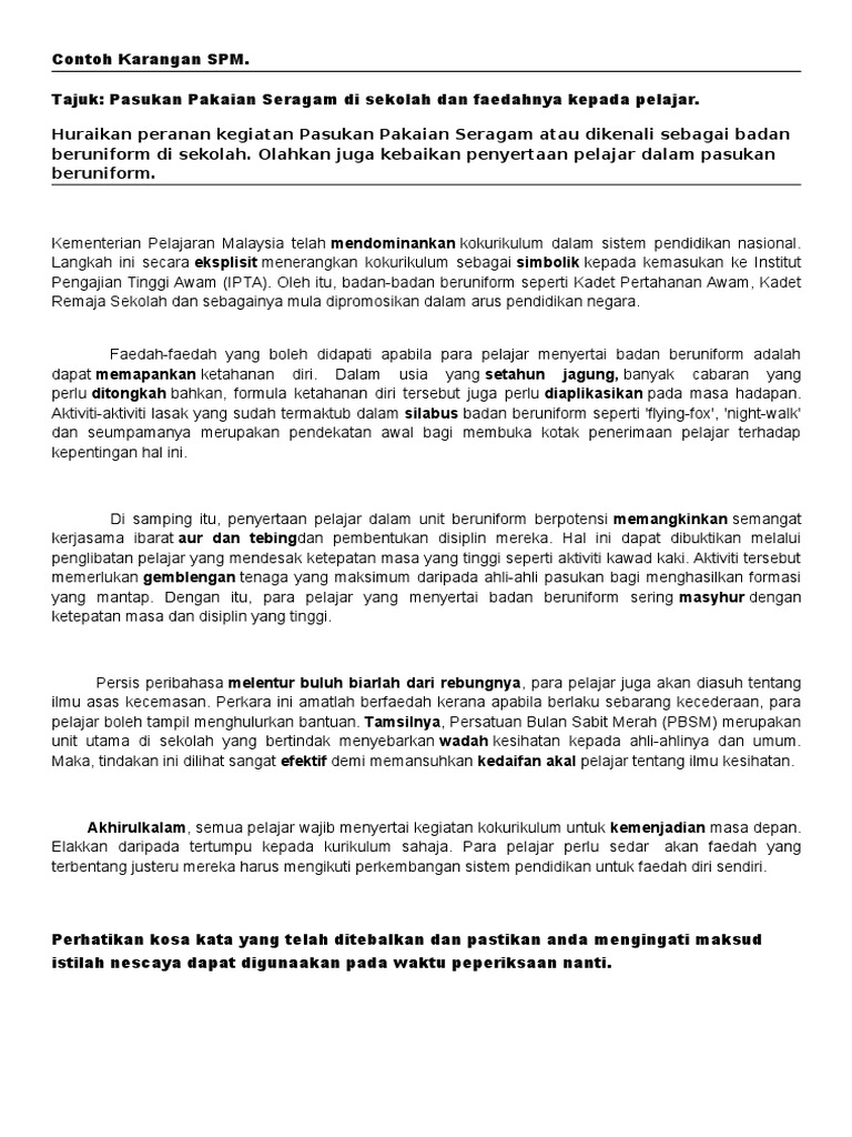 Contoh Karangan Spm Kegiatan Badan Beruniform Dan Faedahnya Pdf