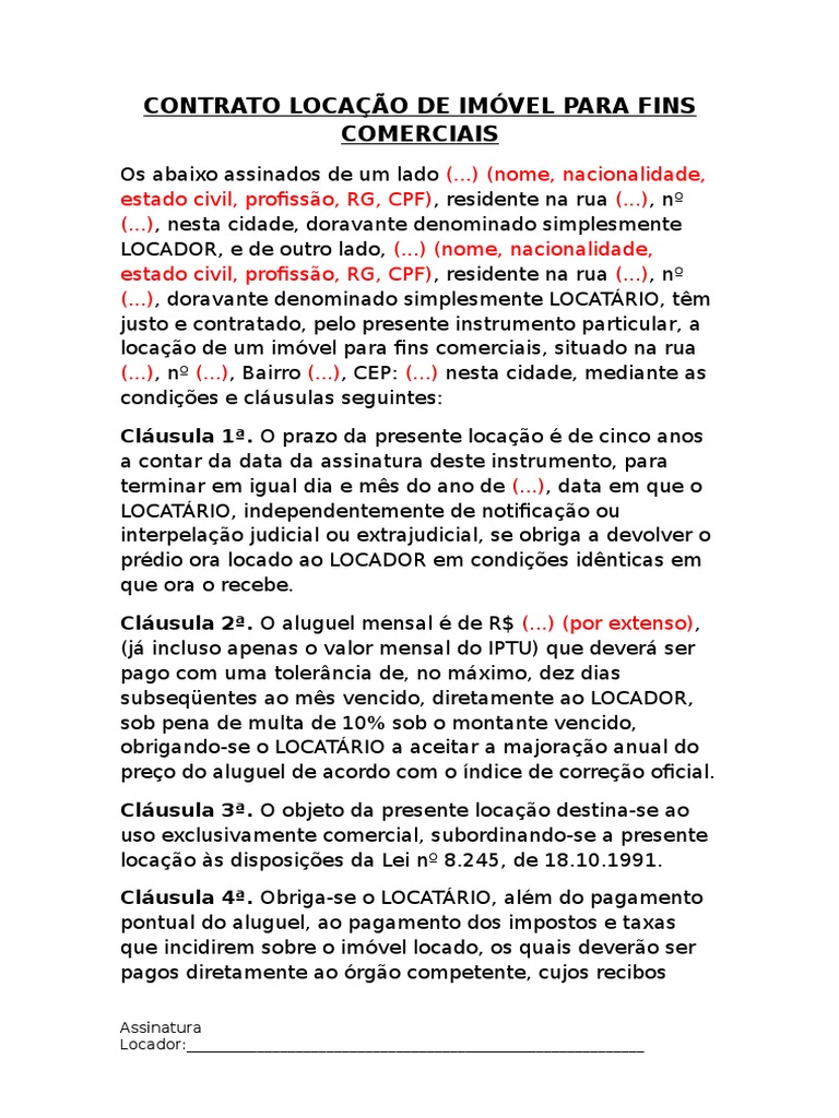 Contrato Locação De Imóvel Para Fins Comerciais Aluguel