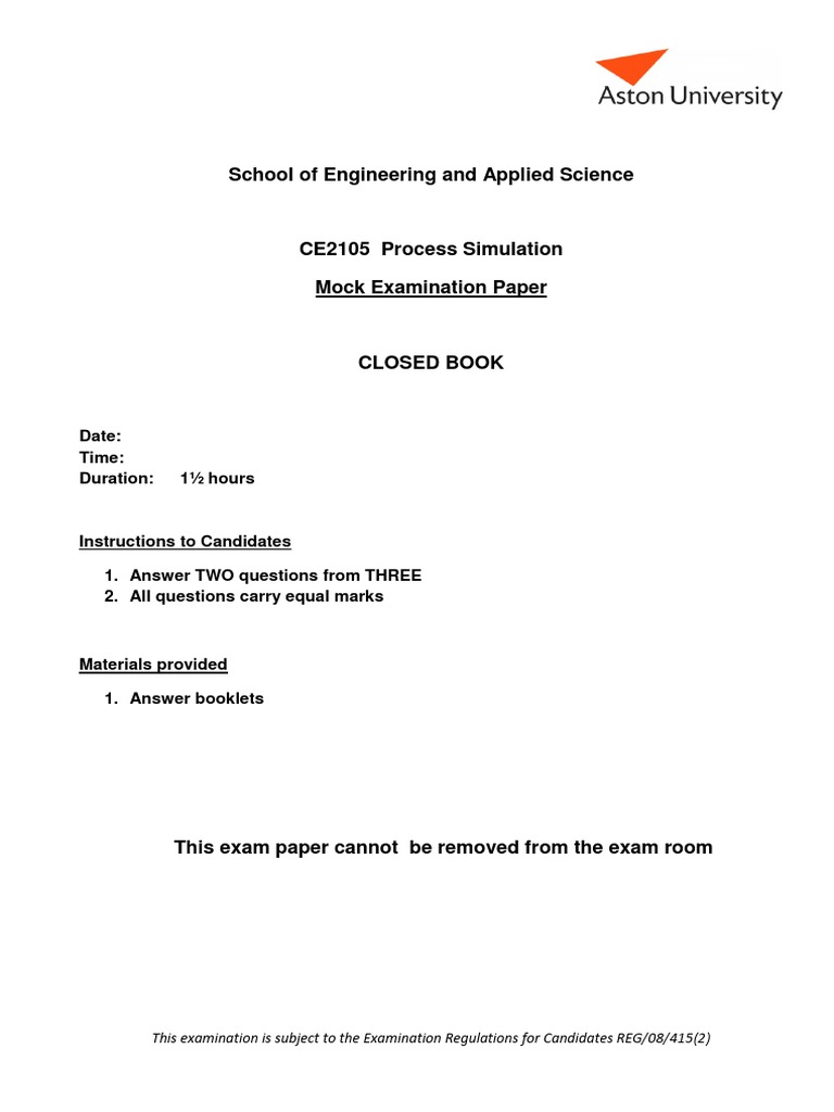 CE2105 Process Simulation Mock Exam | PDF | Distillation | Chemical Reactor