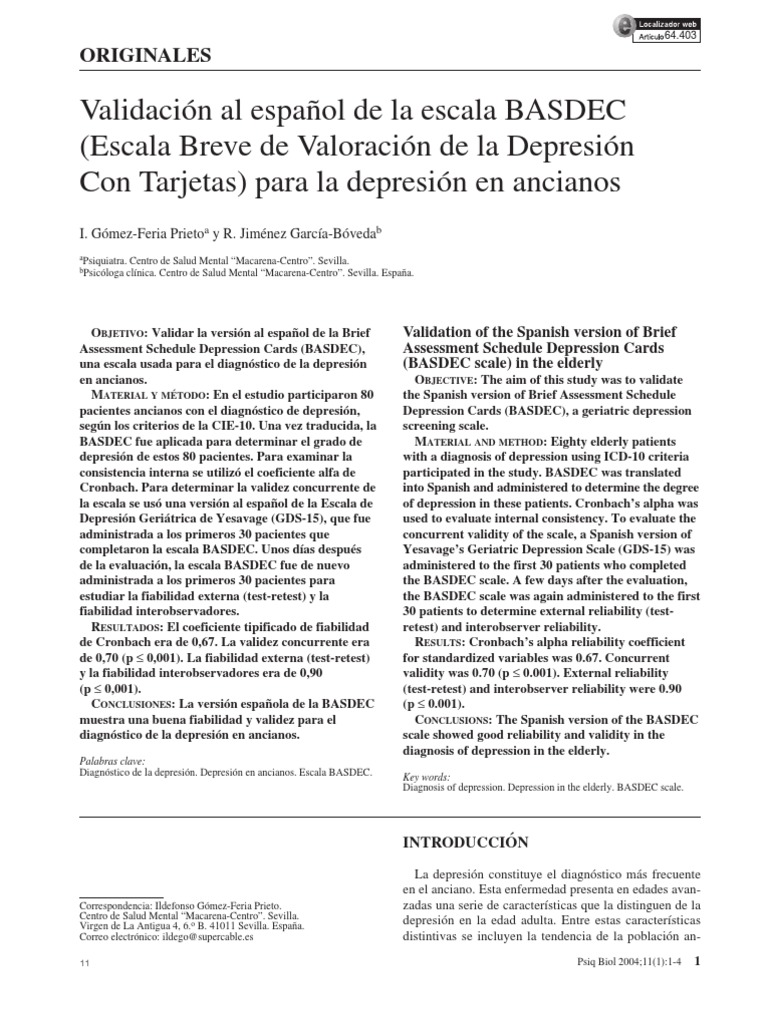 Validación de BASDEC en ancianos | PDF | Depresión (estado de ánimo ...