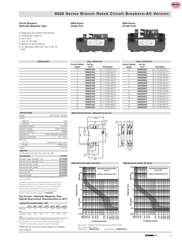 9926 Series Branch Rated Circuit Breakers Product Family Specification Sheet PDF Physical
