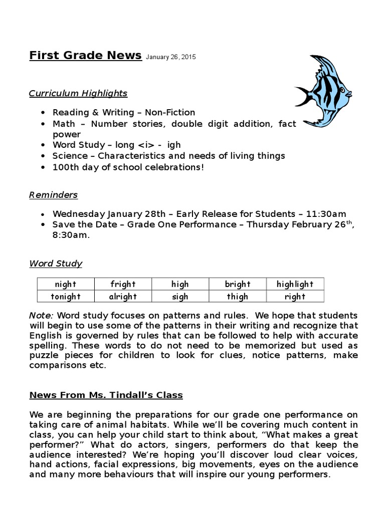 First Grade News: Curriculum Highlights | PDF