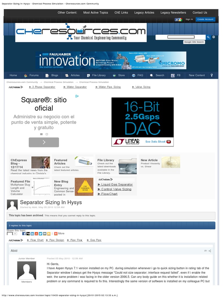 Separator Sizing in Hysys Chemical Process Simulation Cheresources