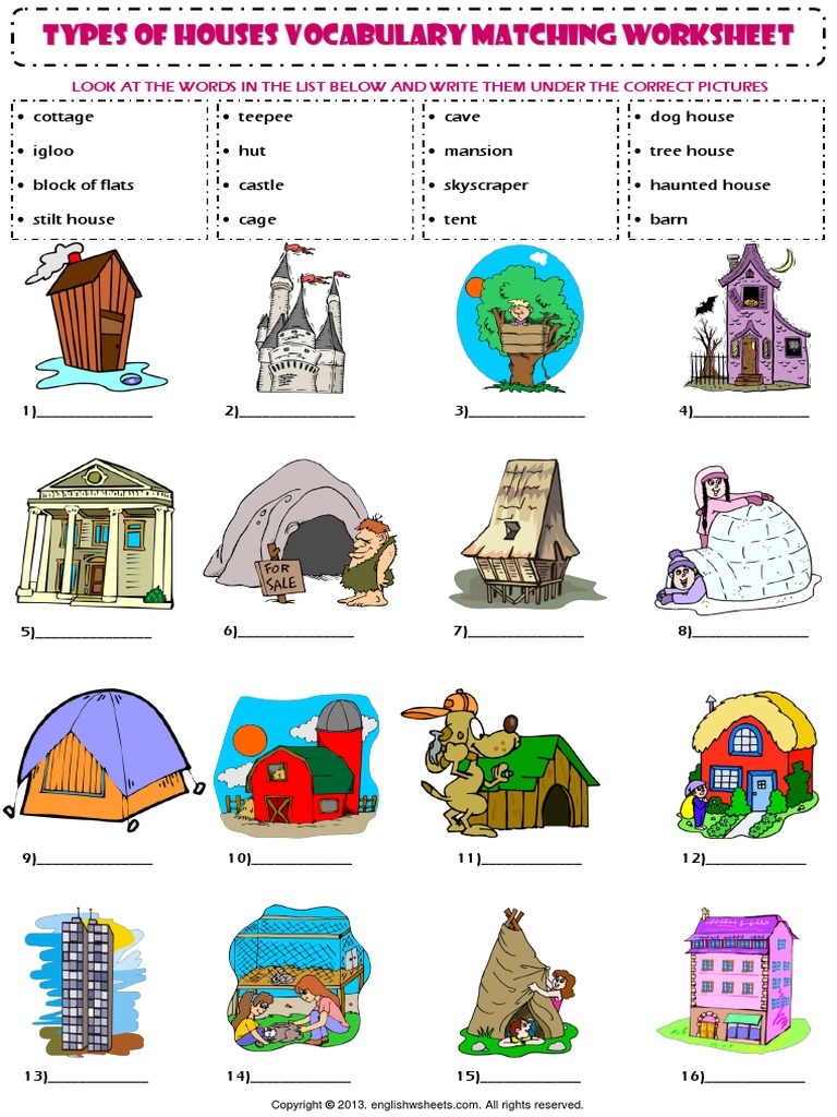 Home House Types Vocabulary Matching Exercise Worksheet