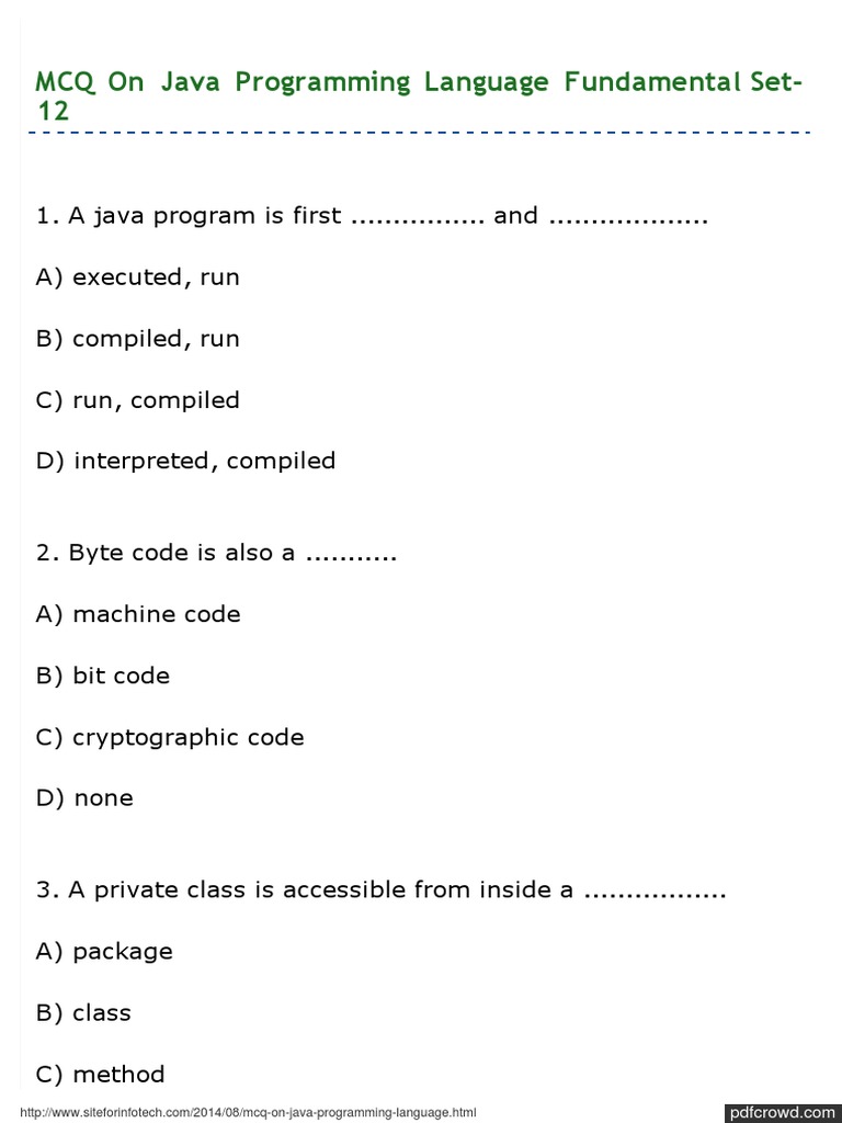 MCQ On Java Programming Language Fundamental | Download Free PDF ...