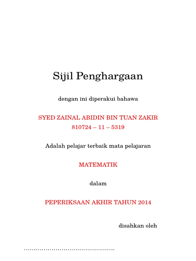 Template Sijil Penghargaan Matapelajaran Terbaik Pdf