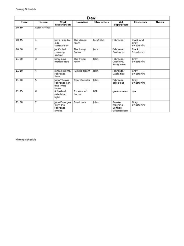 Filming Schedule PDF