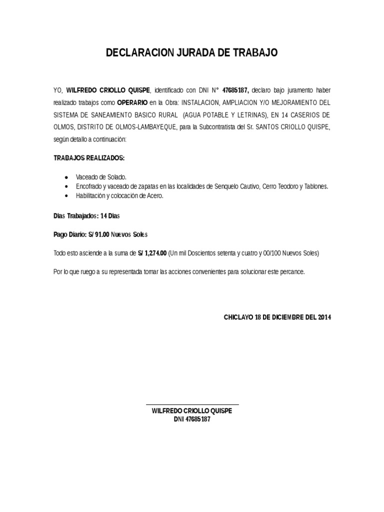 Declaracion Jurada de Trabajo  Abastecimiento de agua y 