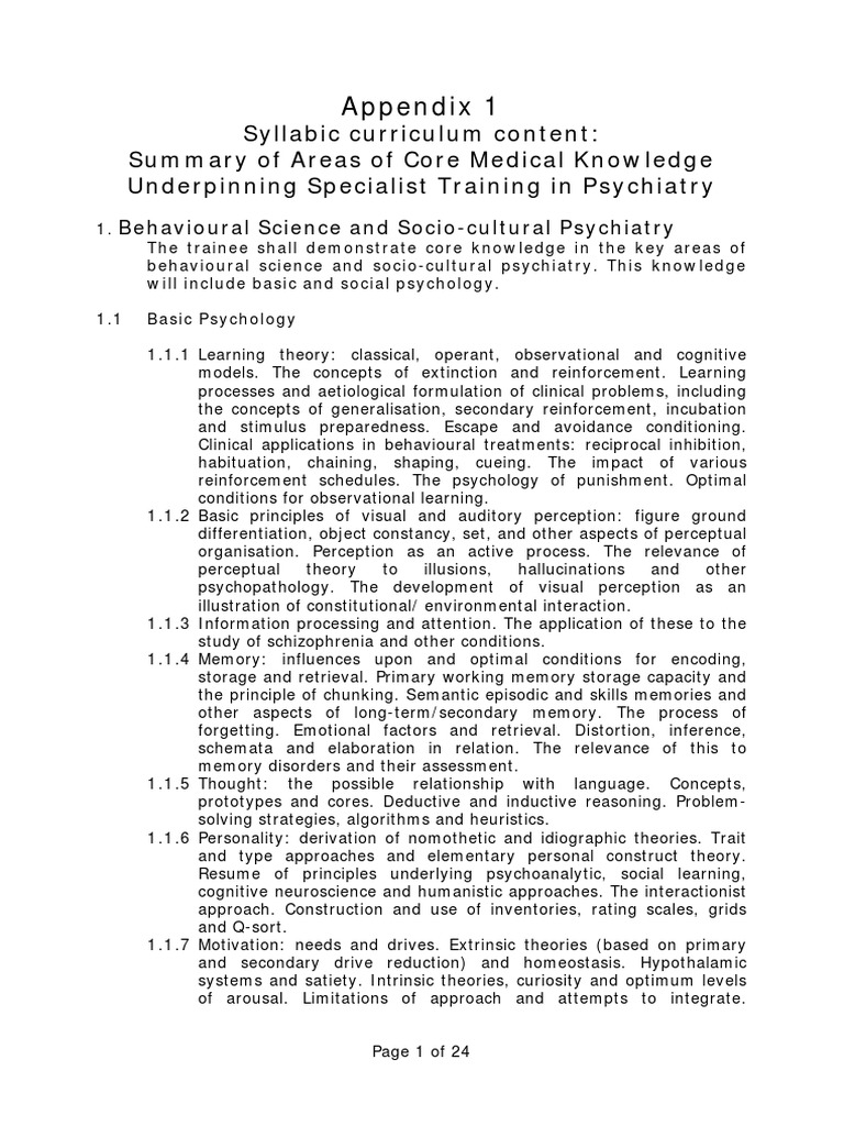 Mrcpsych Syllabus PDF Psychotherapy Psychiatry