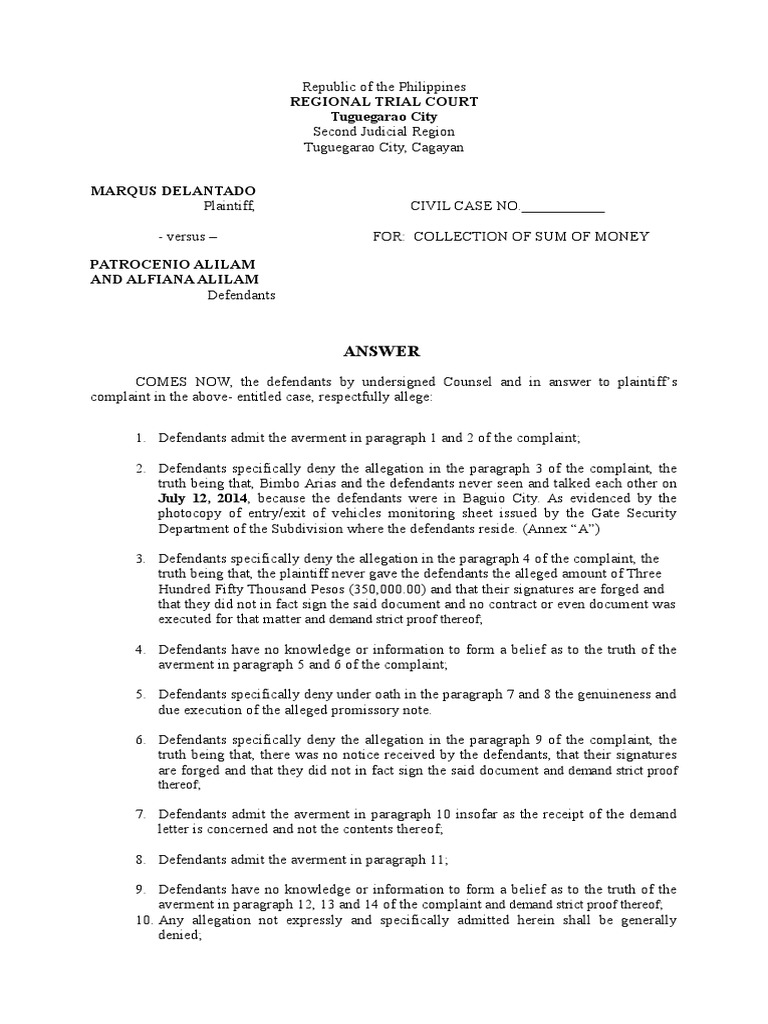 Answer For Collection of Sum of Money | PDF | Complaint | Lawsuit