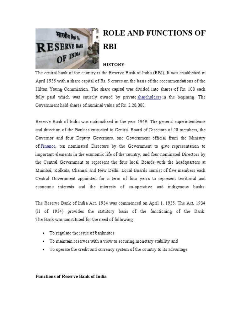RBI: History and Key Functions | PDF | Reserve Bank Of India | Central ...