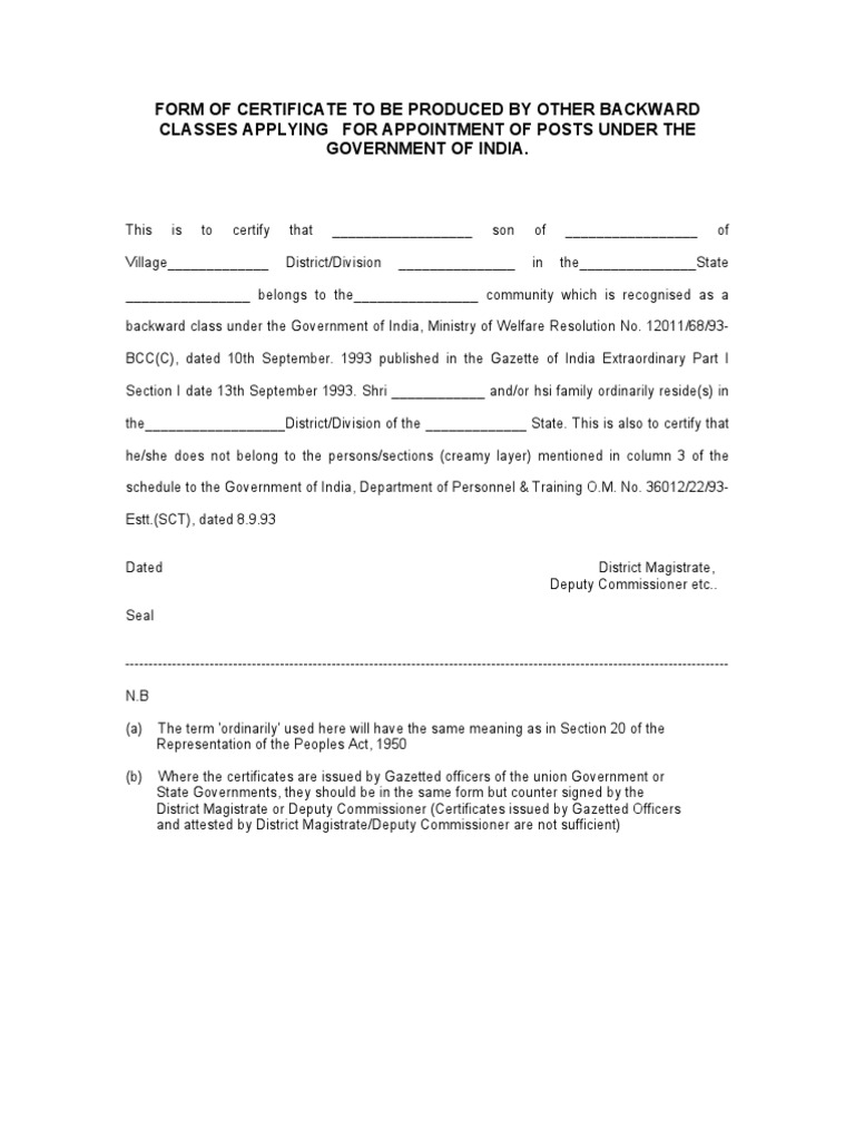 Obc Form | PDF | Government | Social Institutions