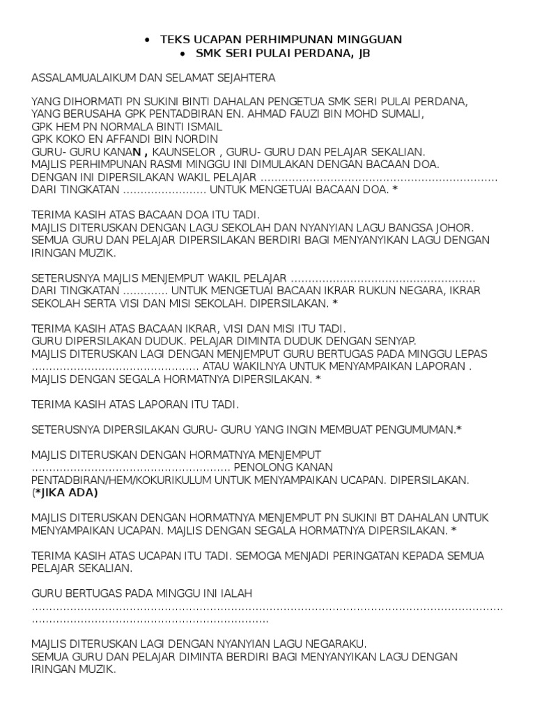 Teks Ucapan Perhimpunan Mingguan Pdf