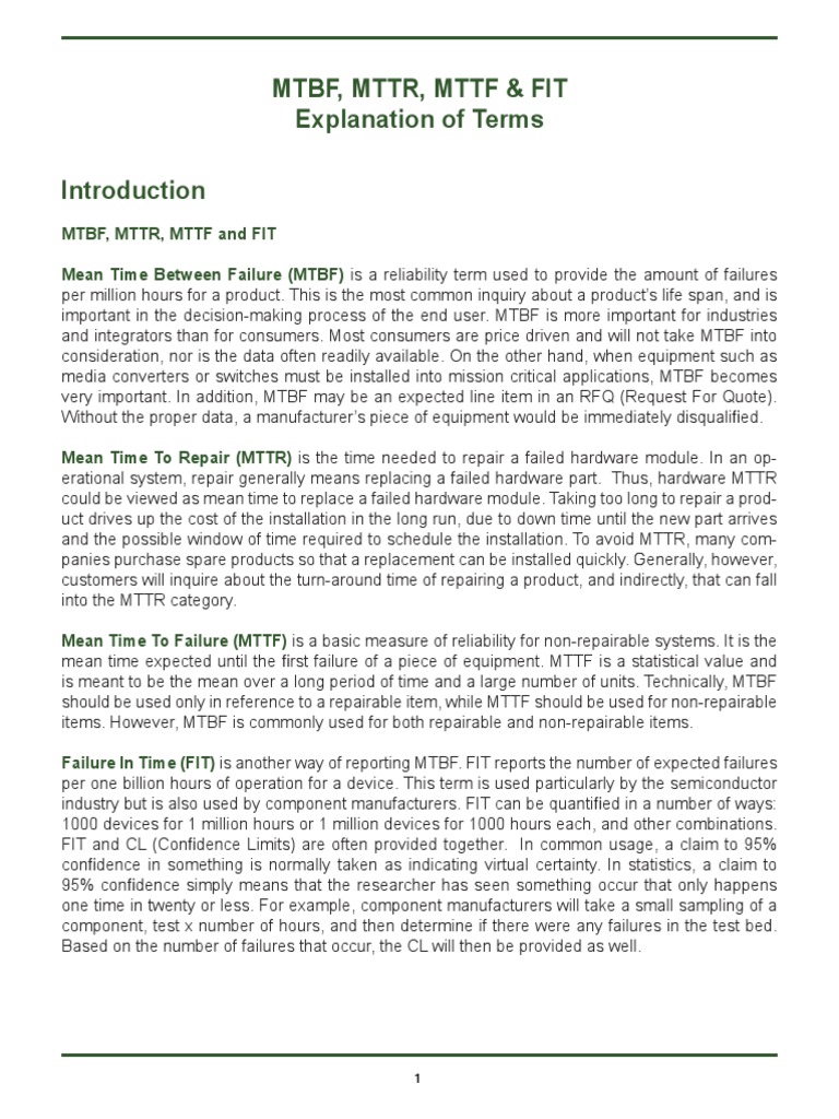 MTBF, MTTR, MTTF & FIT Explained | PDF | Reliability Engineering ...