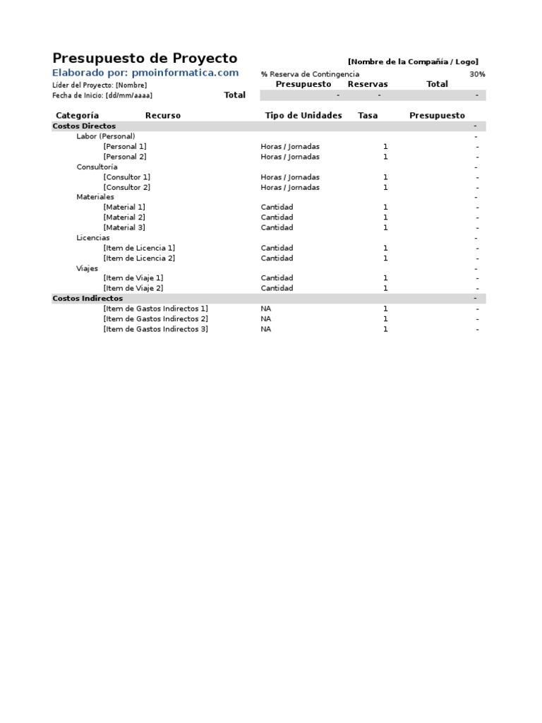 Plantilla de Presupuesto de Proyecto | PDF | Presupuesto | Microsoft Excel