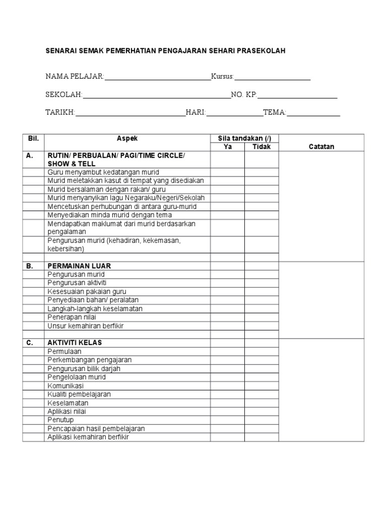 Senarai Semak Pemerhatian Pengajaran Sehari Prasekolah
