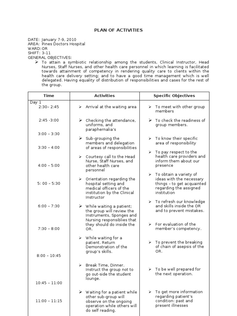 Head Nursing Plan of Activities Nursing Hospital