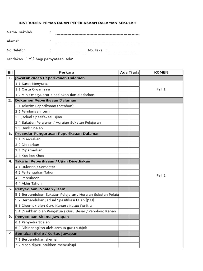 Checklist Fail Peperiksaan Dalaman Pdf