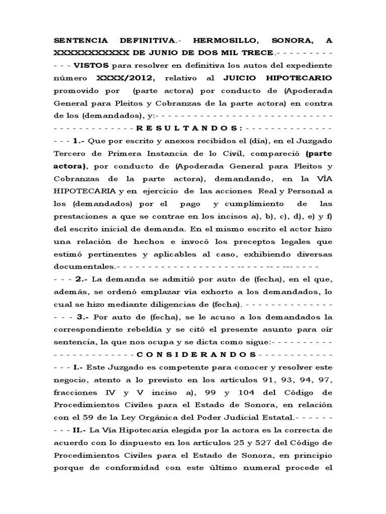 Sentencia Juicio Hipotecario | Ley procesal | Pagos