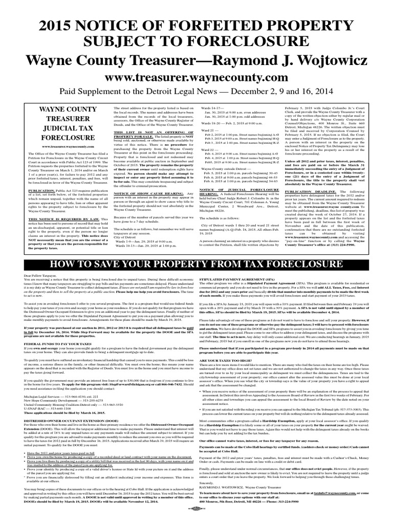 Wayne County Michigan Property Tax Foreclosure List 2015 | PDF |  Foreclosure | Taxes