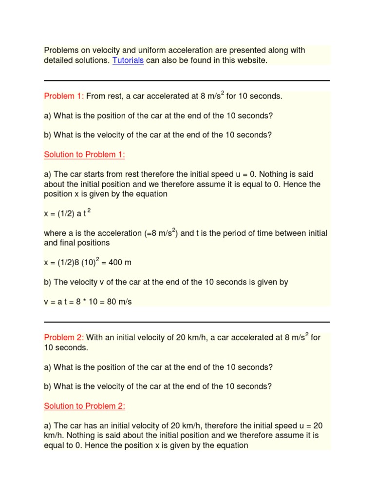 Uniform Acceleration Problems With Solutions Acceleration Speed