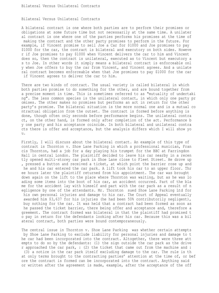 Bilateral vs Unilateral Contracts Explained | PDF | Consideration ...
