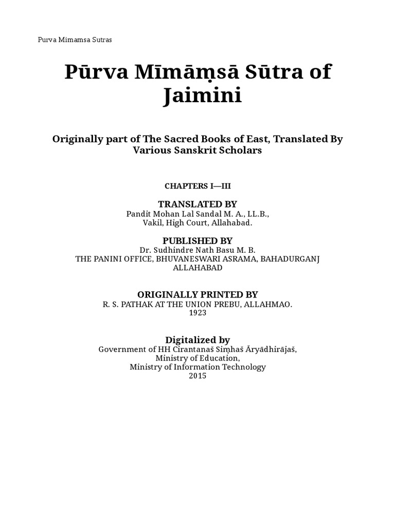 Purva Mimamsa Sutra (Prastavana Only) PDF Hindu Philosophical
