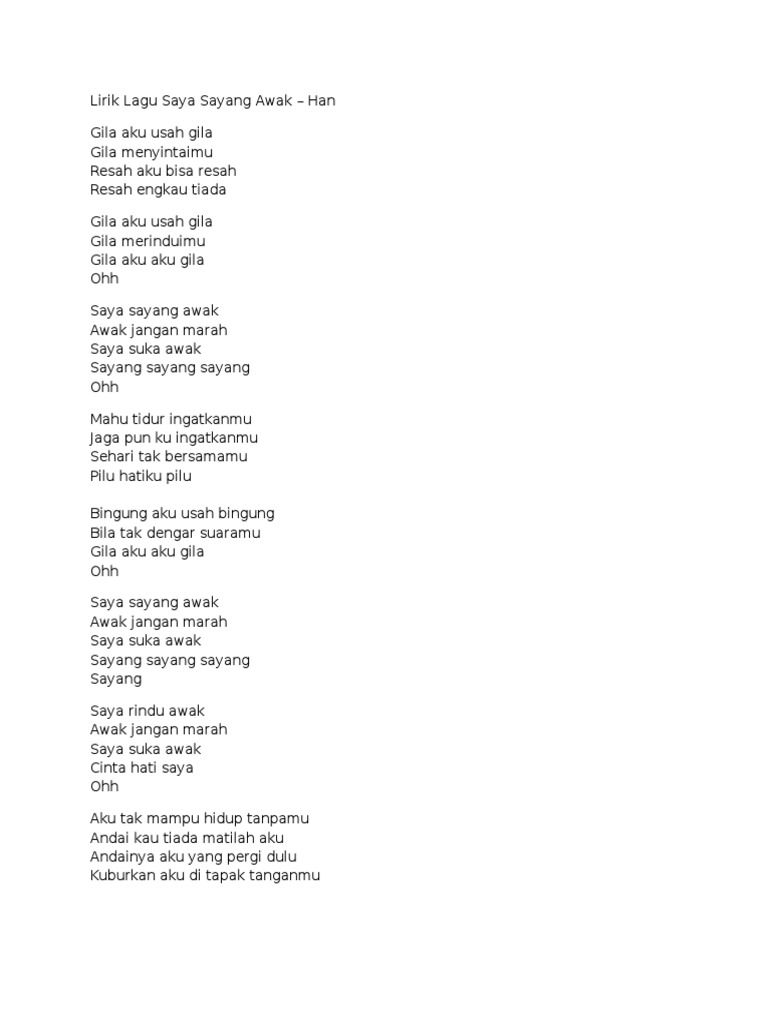 Lirik Lagu Saya Sayang Awak Pdf